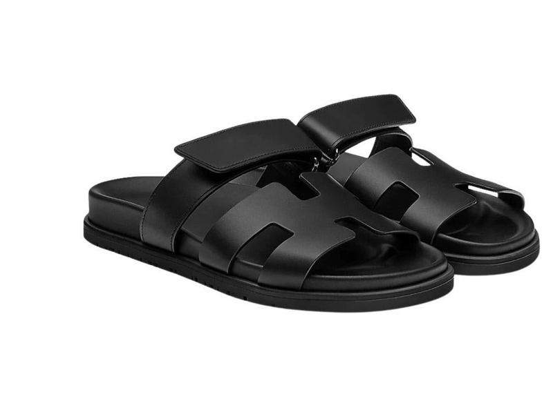 Hermes Black Leather Chypre Sandals