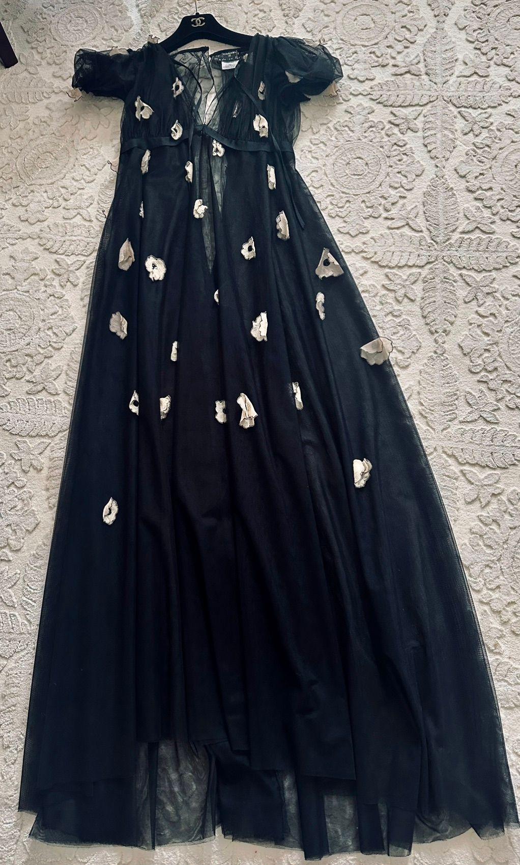 Chanel Black Tulle Camelia Embellished Gown