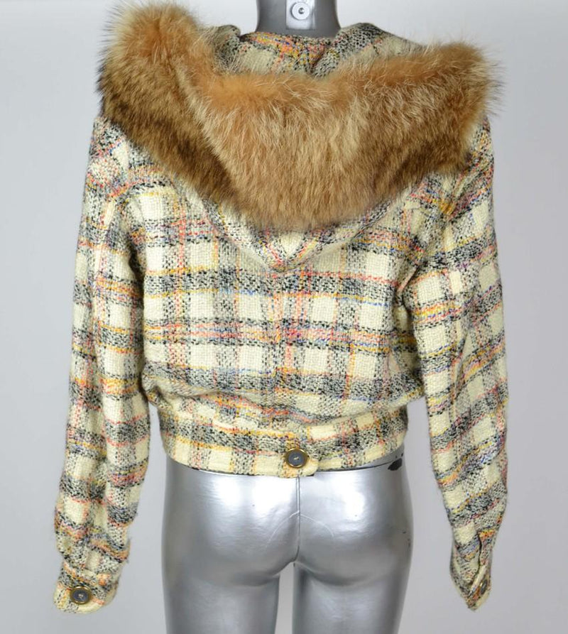 Krizia Wool Blend Fur Trim Check Jacket