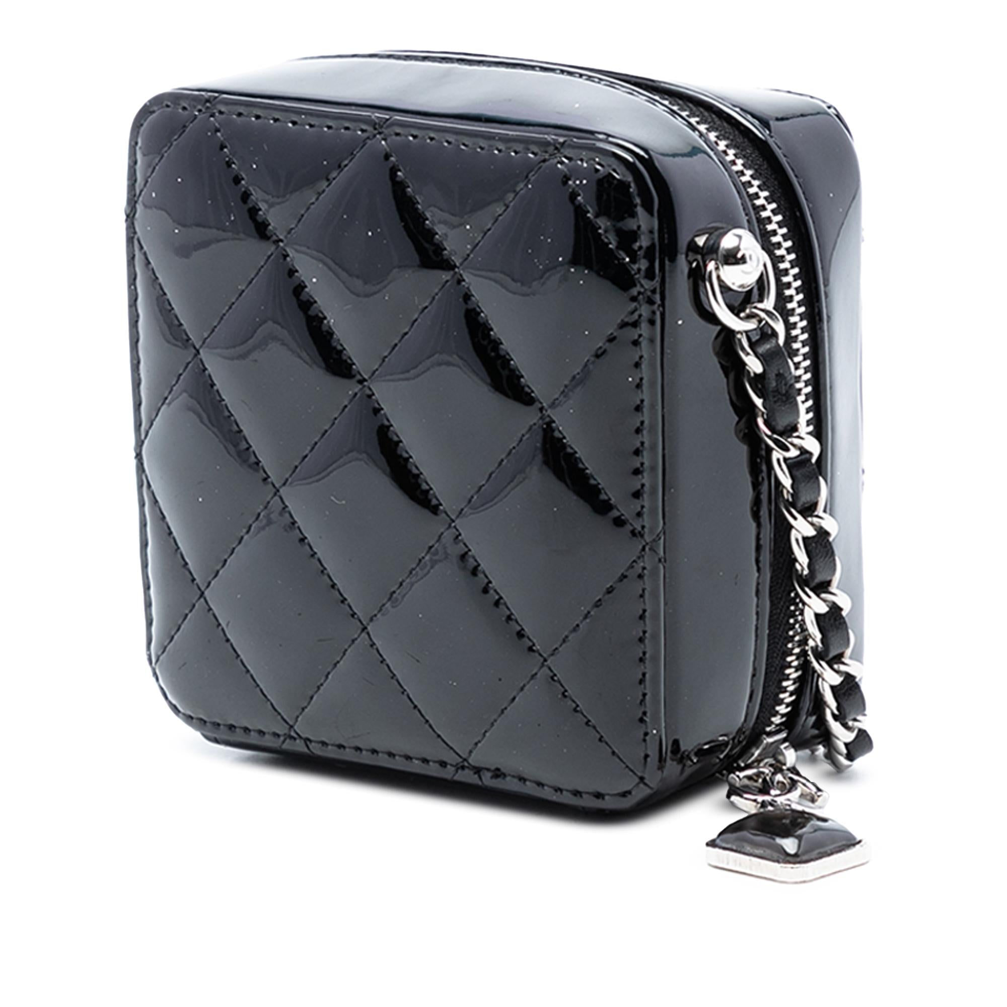 Chanel Black Quilted Patent Diamond Resin Clutch With Chain