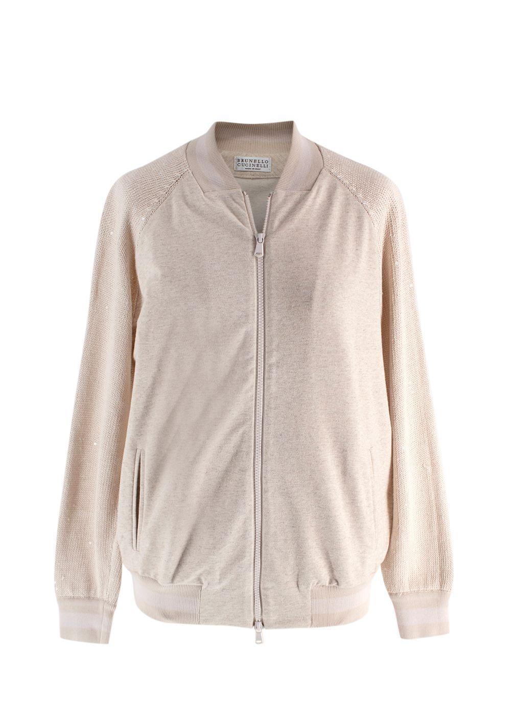 Brunello Cucinelli Beige Knit Sleeve Jersey Bomber Jacket