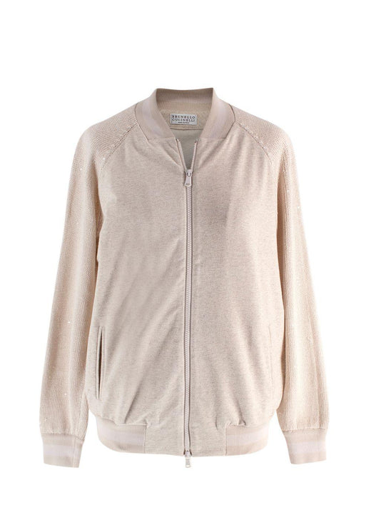 Brunello Cucinelli Beige Knit Sleeve Jersey Bomber Jacket