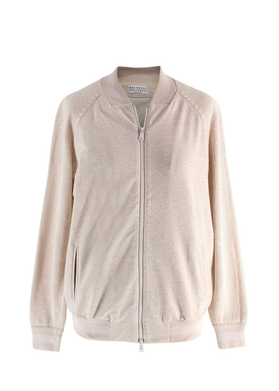 Brunello Cucinelli Beige Knit Sleeve Jersey Bomber Jacket