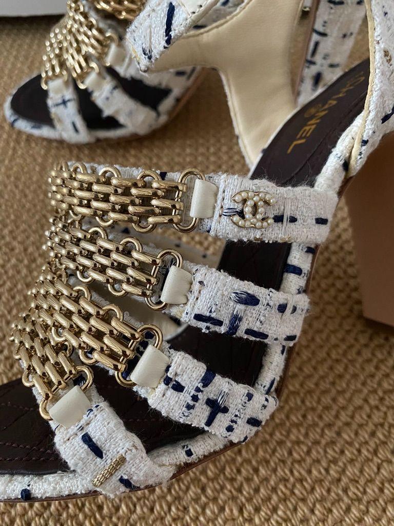 Chanel Tweed Chain Embellished Heeled Sandals