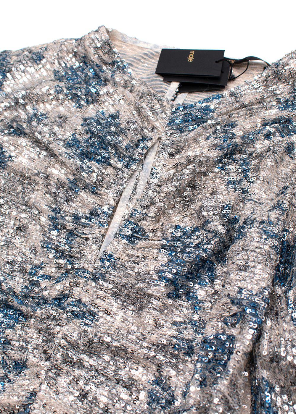 Maje Silver/ Blue Raquine Sequin-Embellished Draped Mini Dress