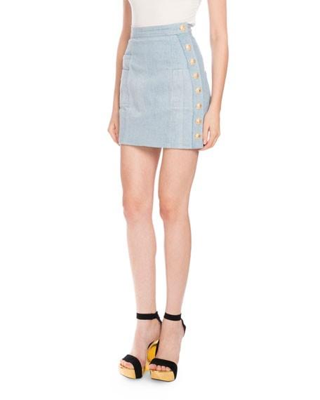 Balmain Blue Cotton Denim Buttoned Mini Skirt
