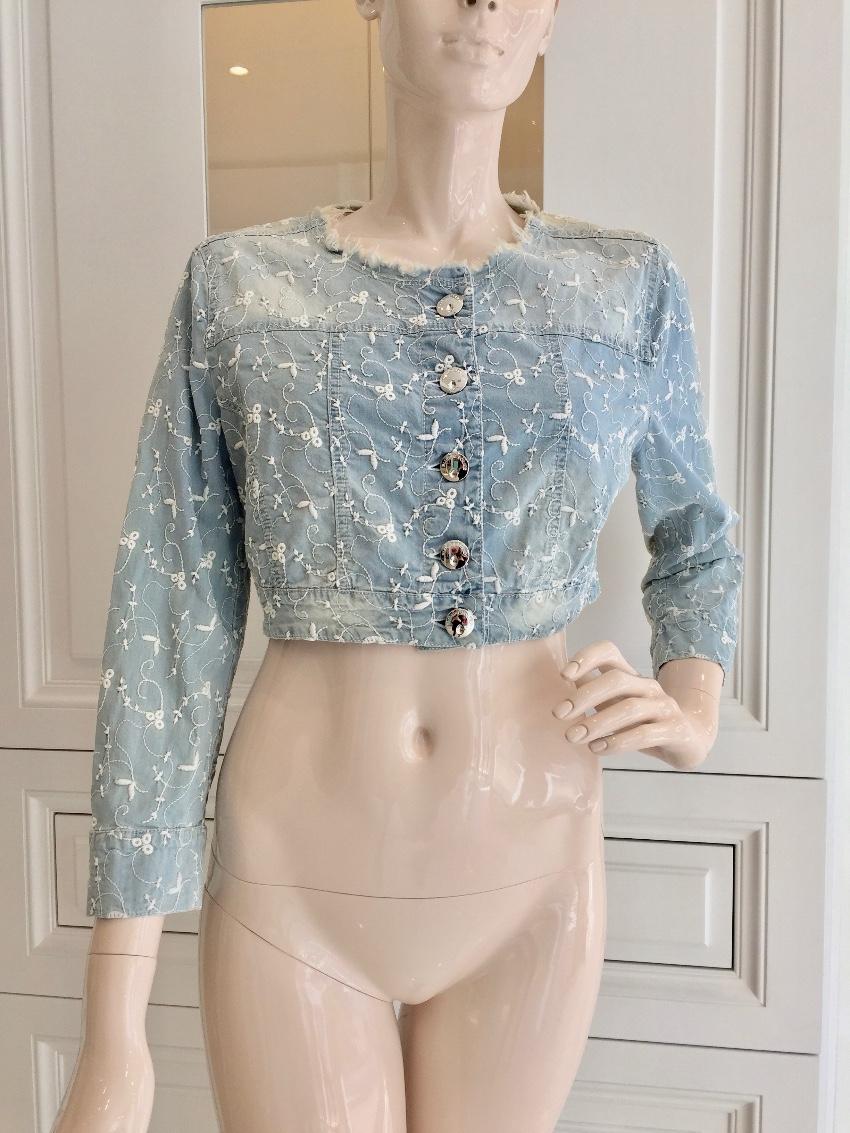 Blumarine Filigree Embroidered Pale Blue Cropped Jacket