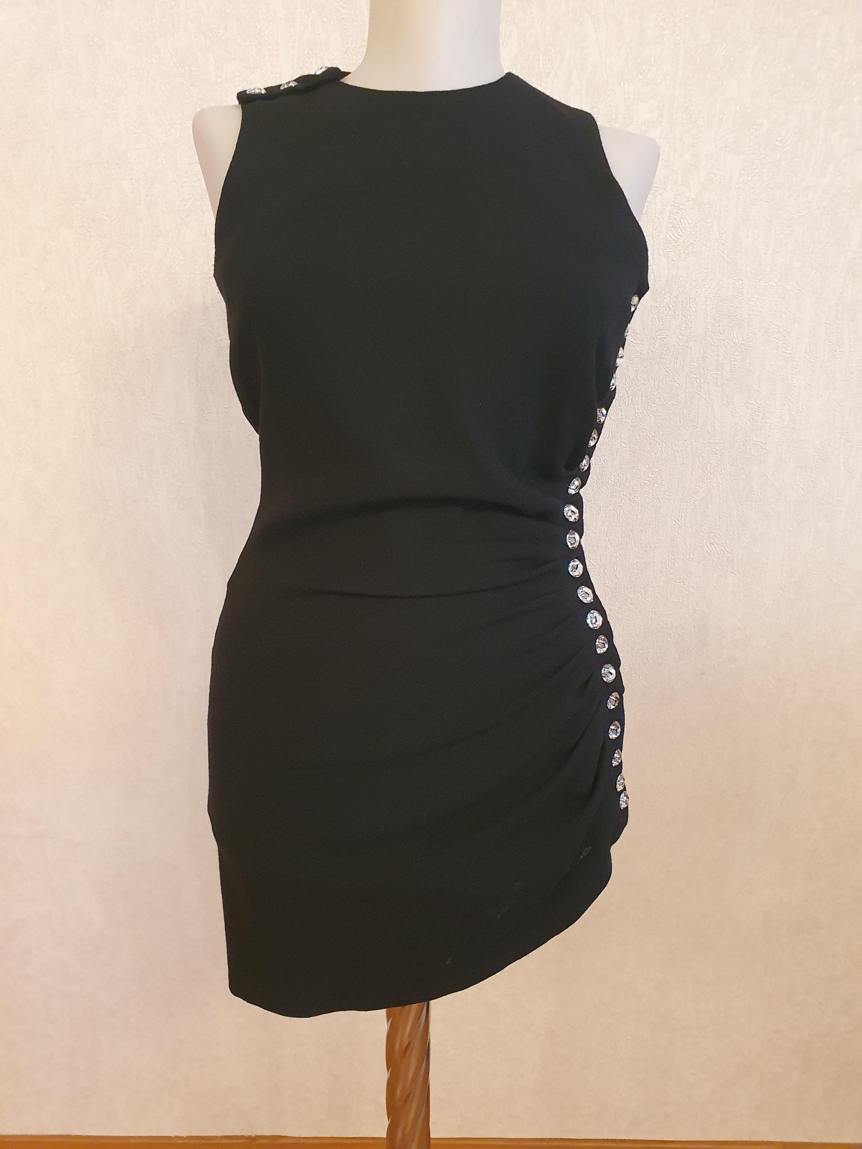 Black wool crepe crystal embellished ruched mini dress