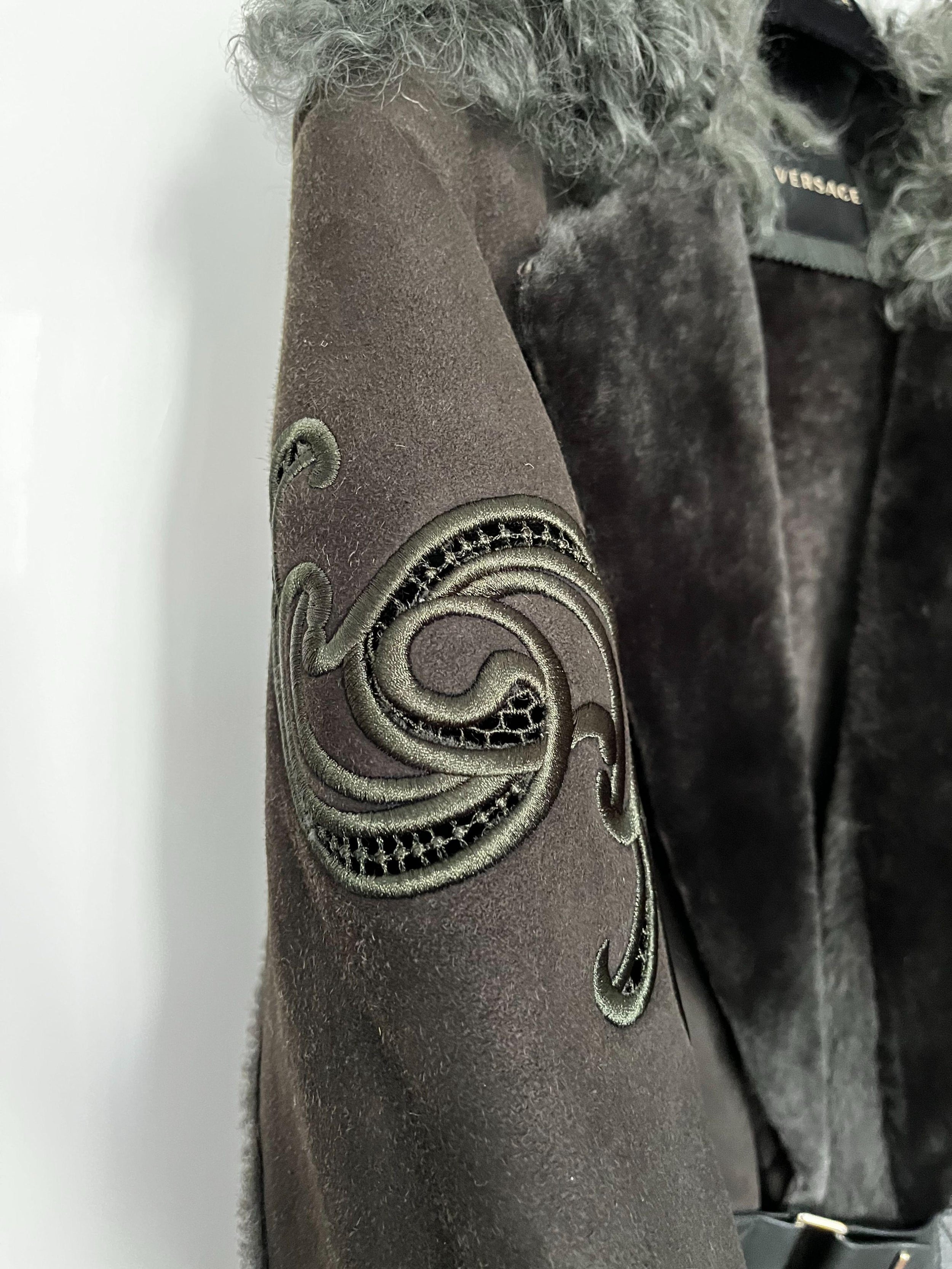 Khaki Shearling Cut-Work Coat