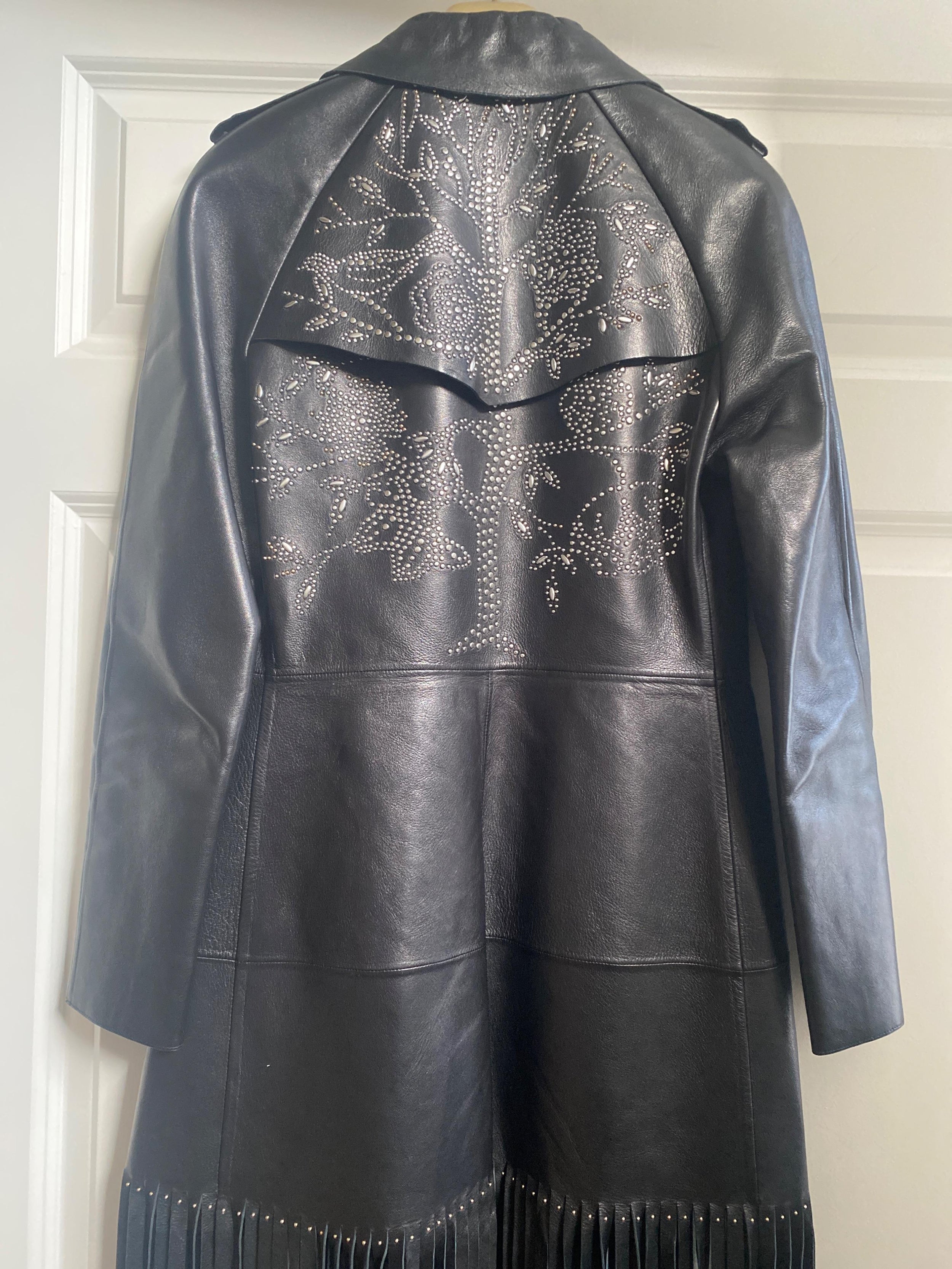 Valentino Black Leather Trench Coat with Fringe Detail