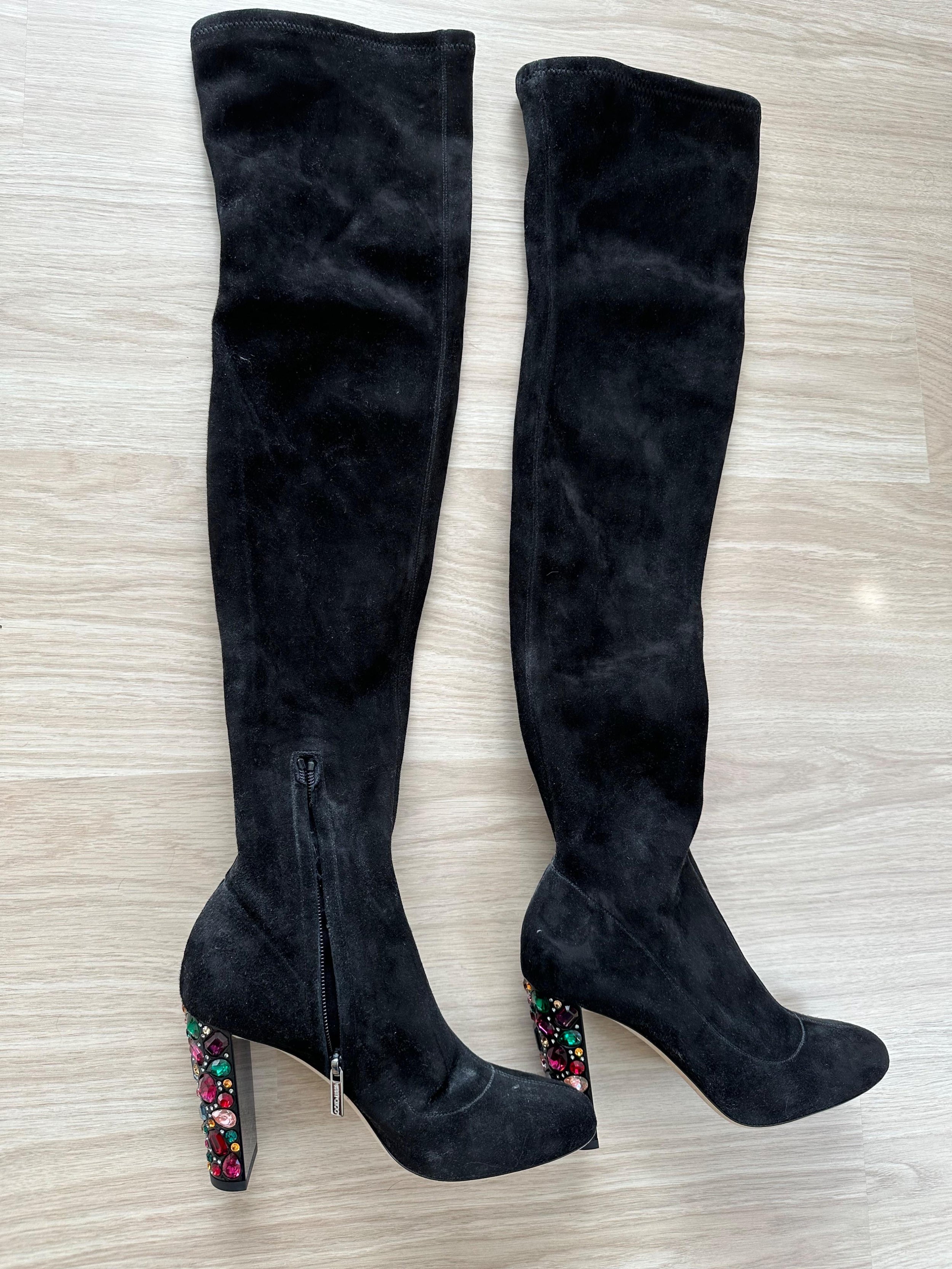 Jimmy Choo Black Suede Over the Knee Boots with Crystal Heel Detail