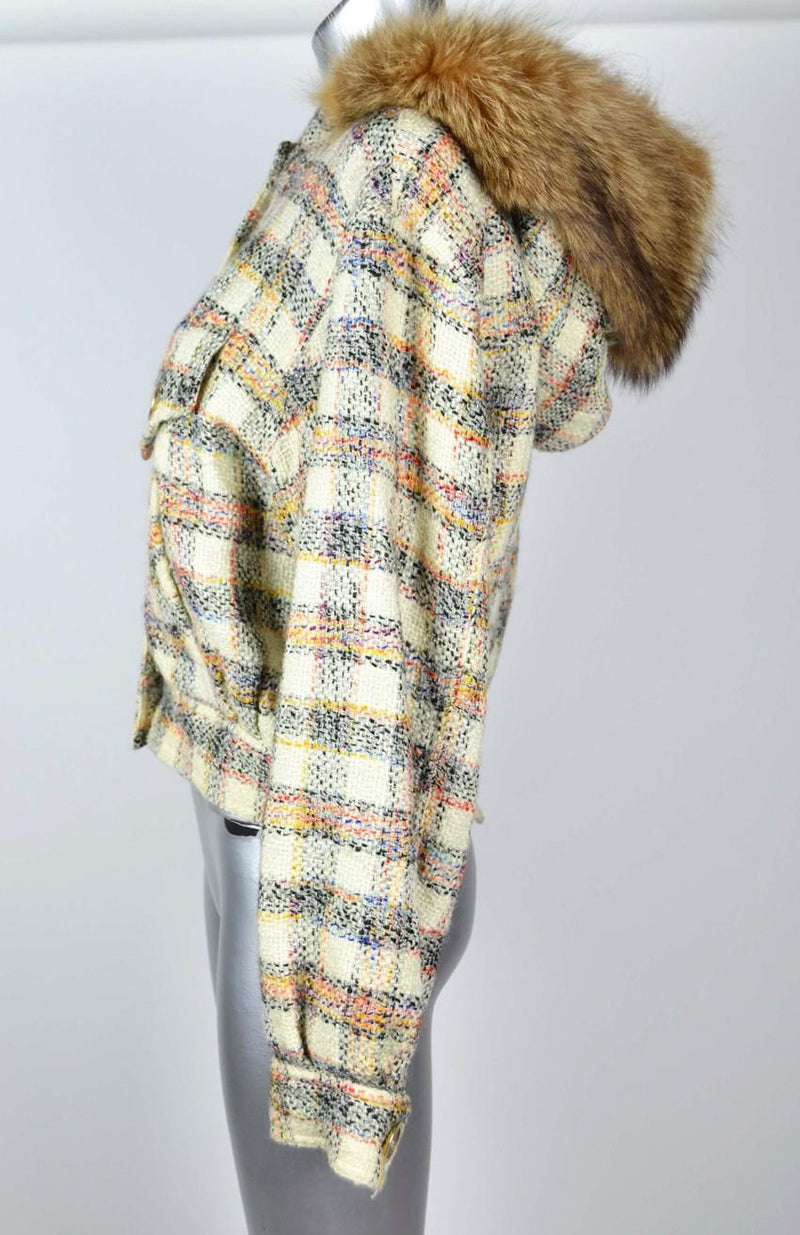 Krizia Wool Blend Fur Trim Check Jacket