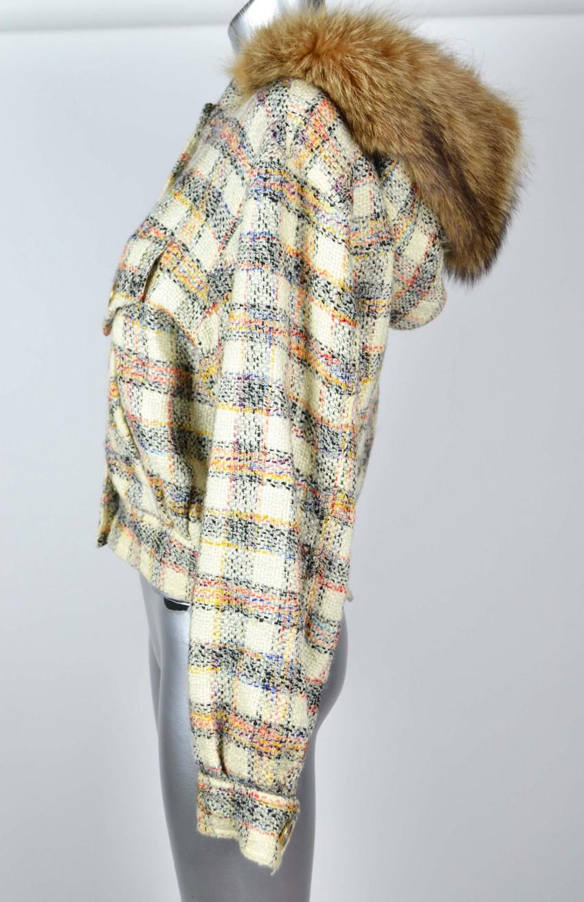 Krizia Wool Blend Fur Trim Check Jacket