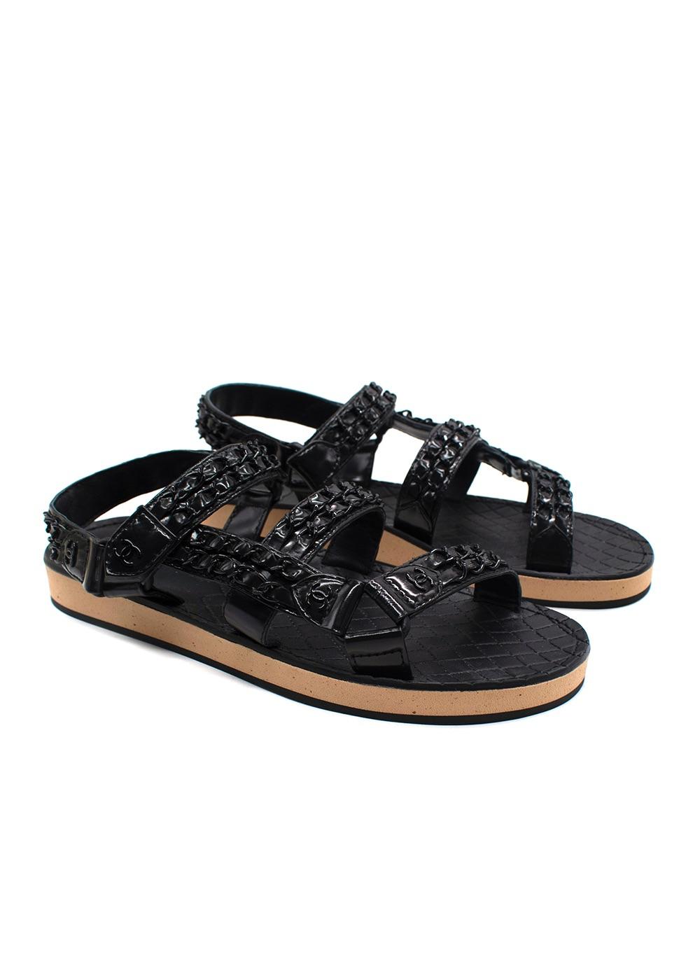 Chanel Black Patent Leather Chain Dad Sandals