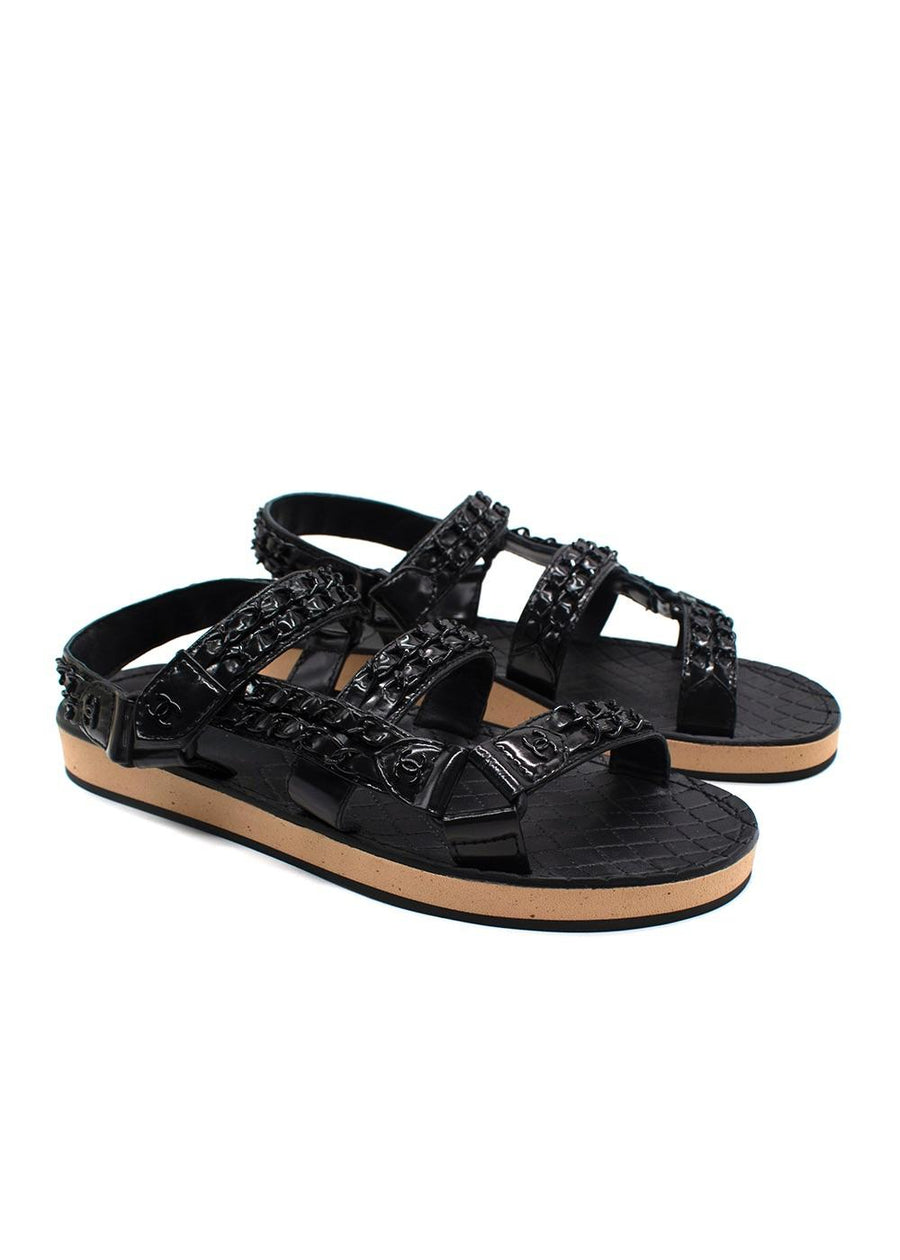 Chanel Black Patent Leather Chain Dad Sandals
