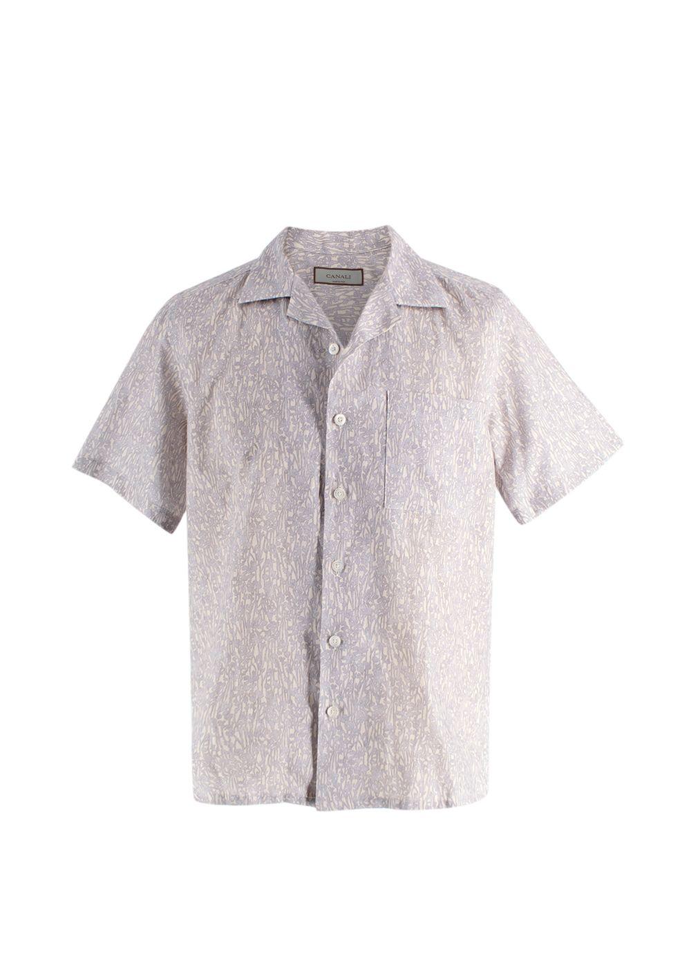 Canali Grey Botanical Pattern Short Sleeve Linen Shirt