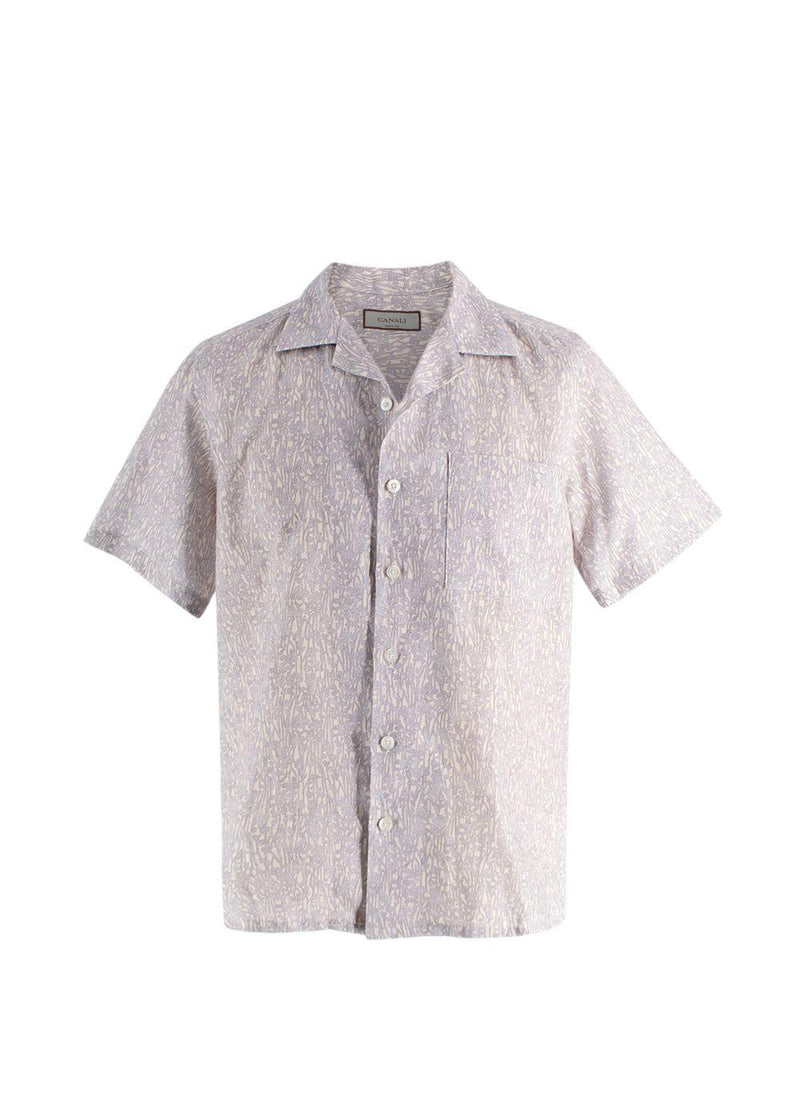 Canali Grey Botanical Pattern Short Sleeve Linen Shirt