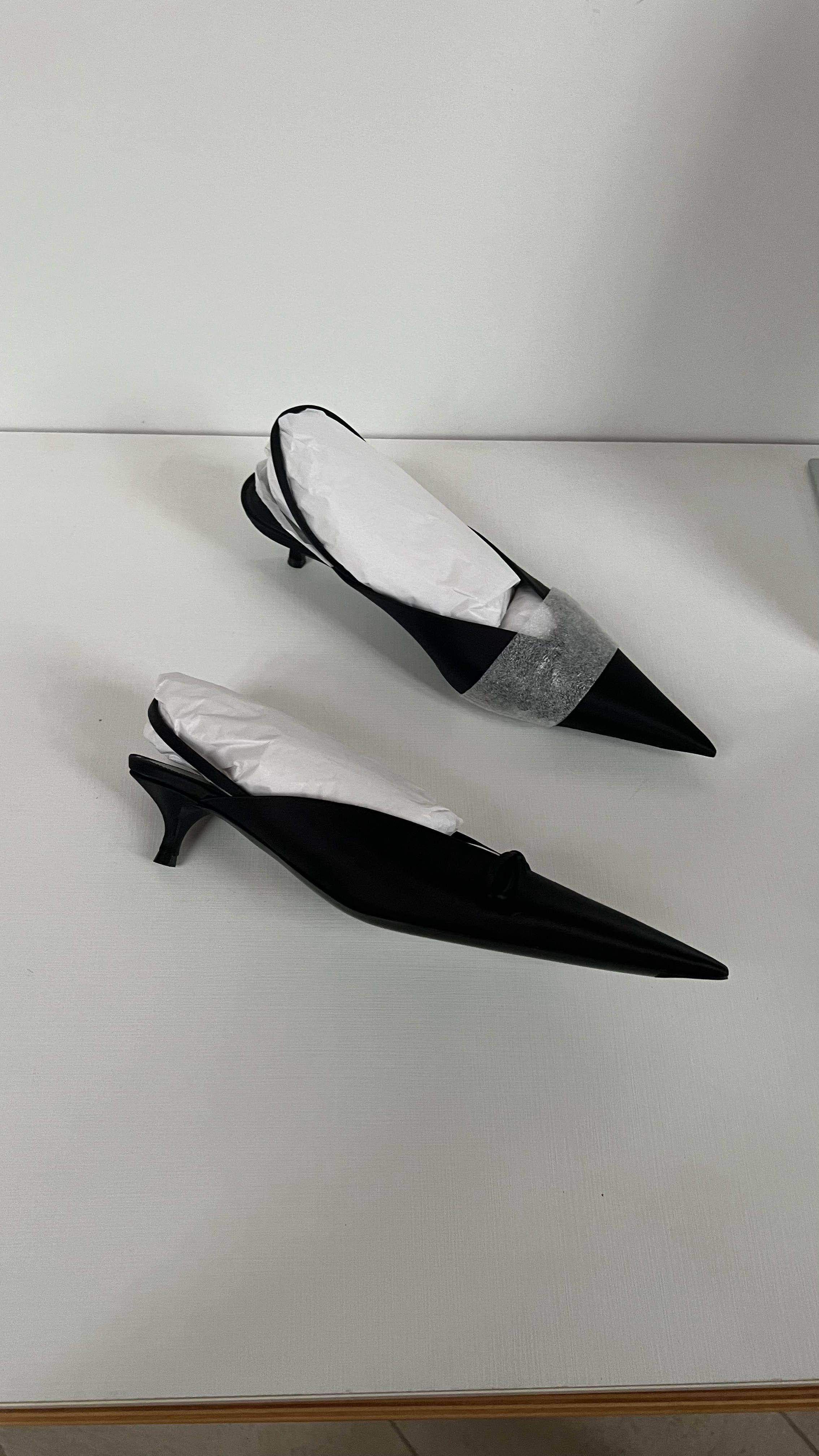 Black Satin 40mm Knife Slingback Mules