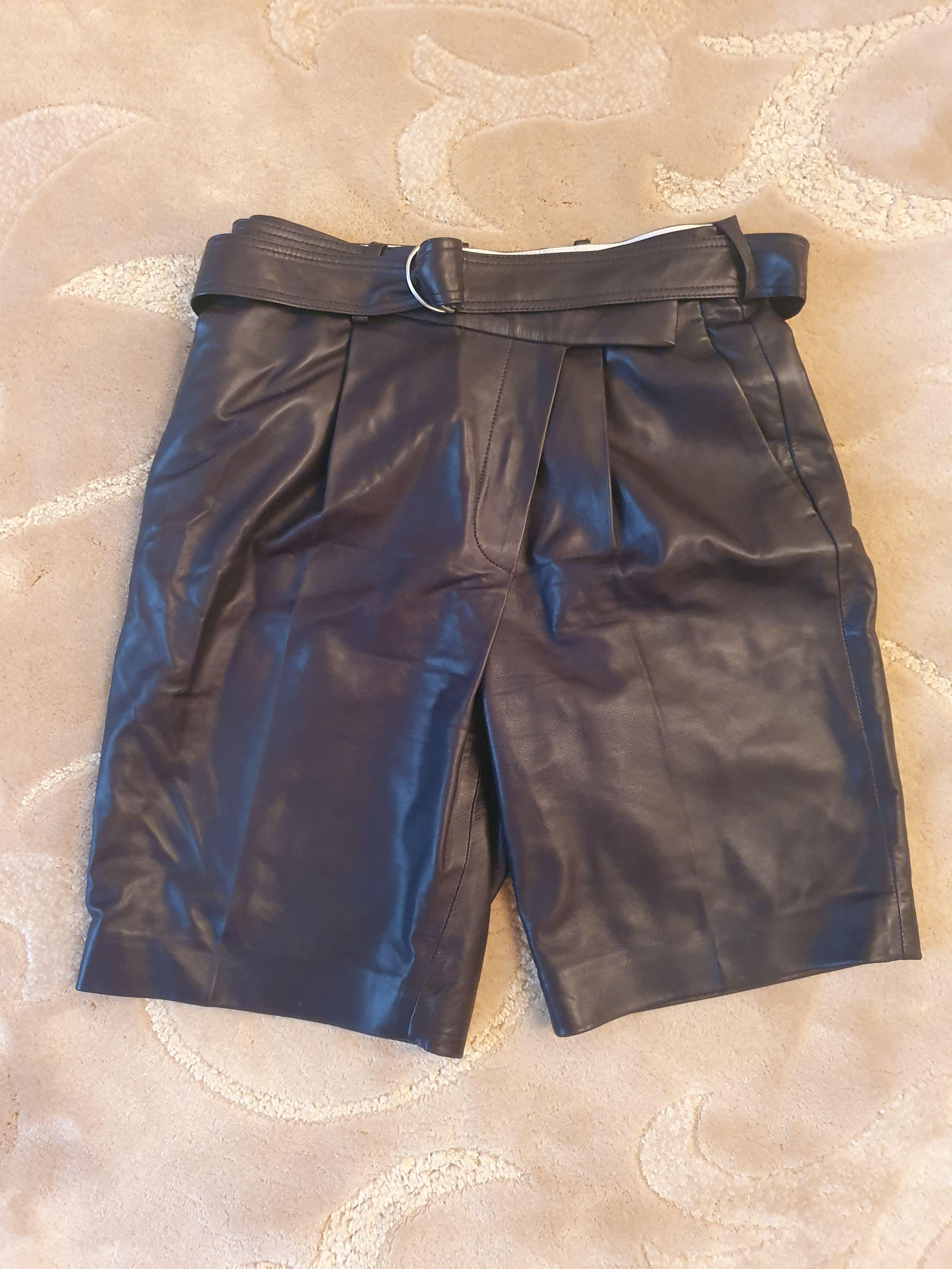 Black Leather Belted Wrap Shorts