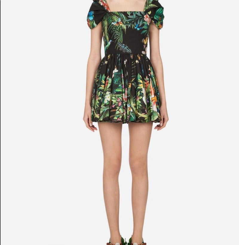 Pleated Printed Cotton-Poplin Mini Dress