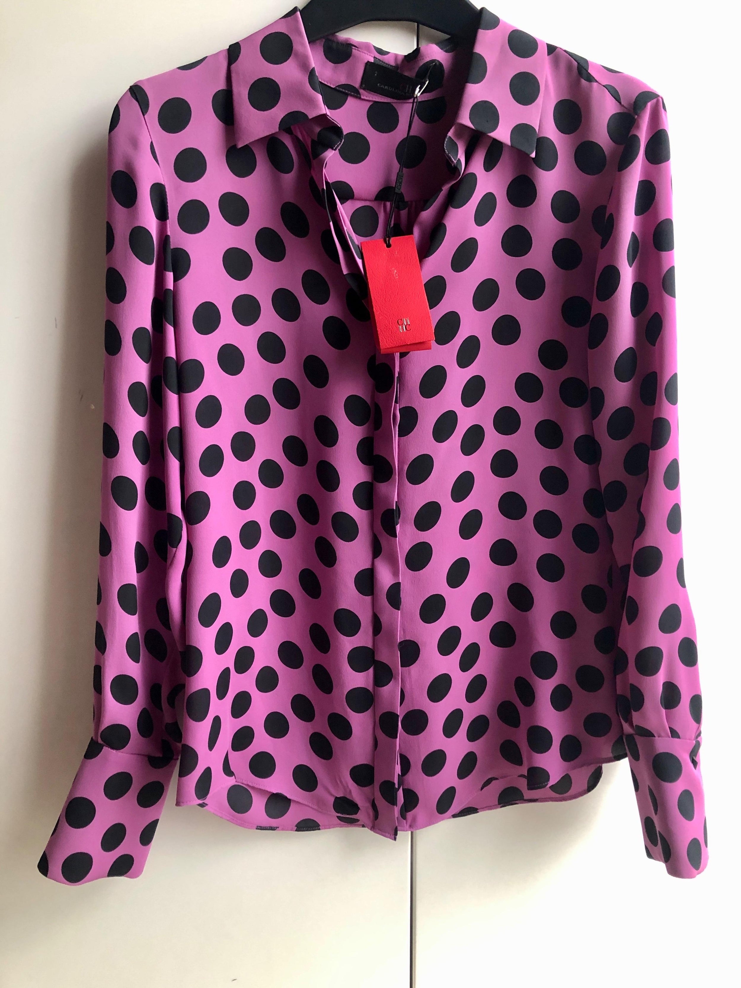 Pink And  Black Polka Dot Silk Blouse
