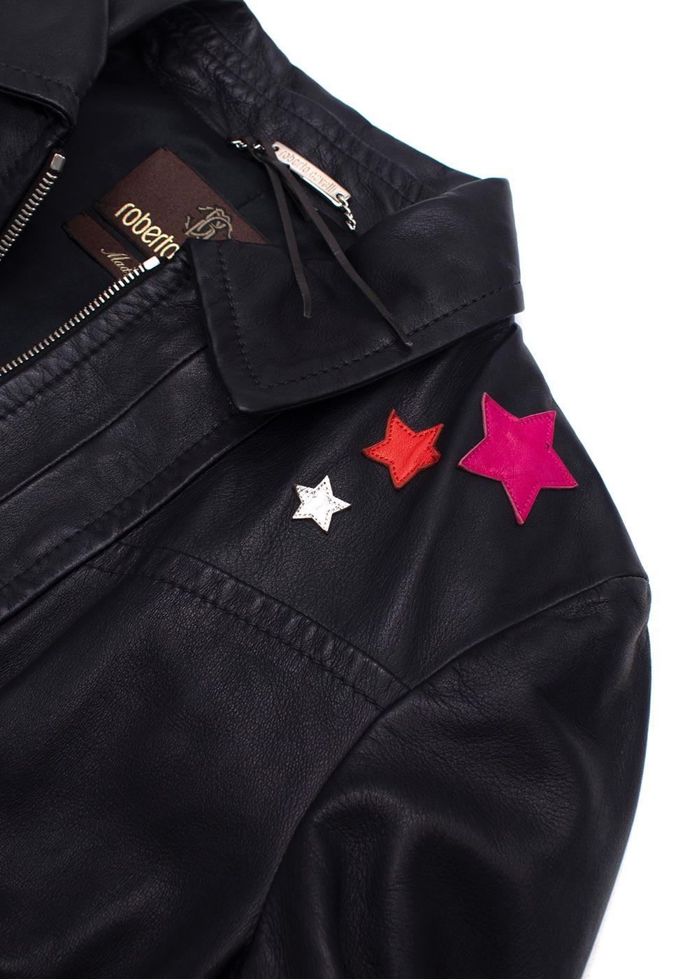 Roberto Cavalli Black Embellished Leather Trucker Jacket