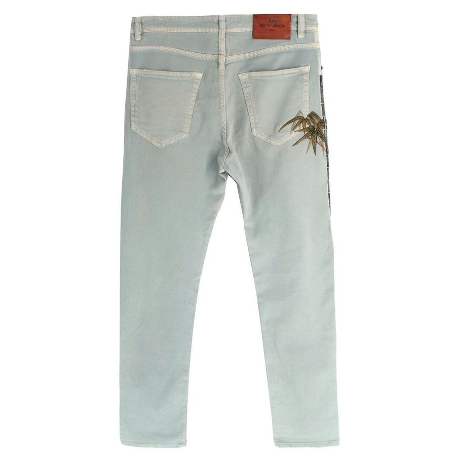 Etro Washed Blue Palm Tree Embroidered Jeans