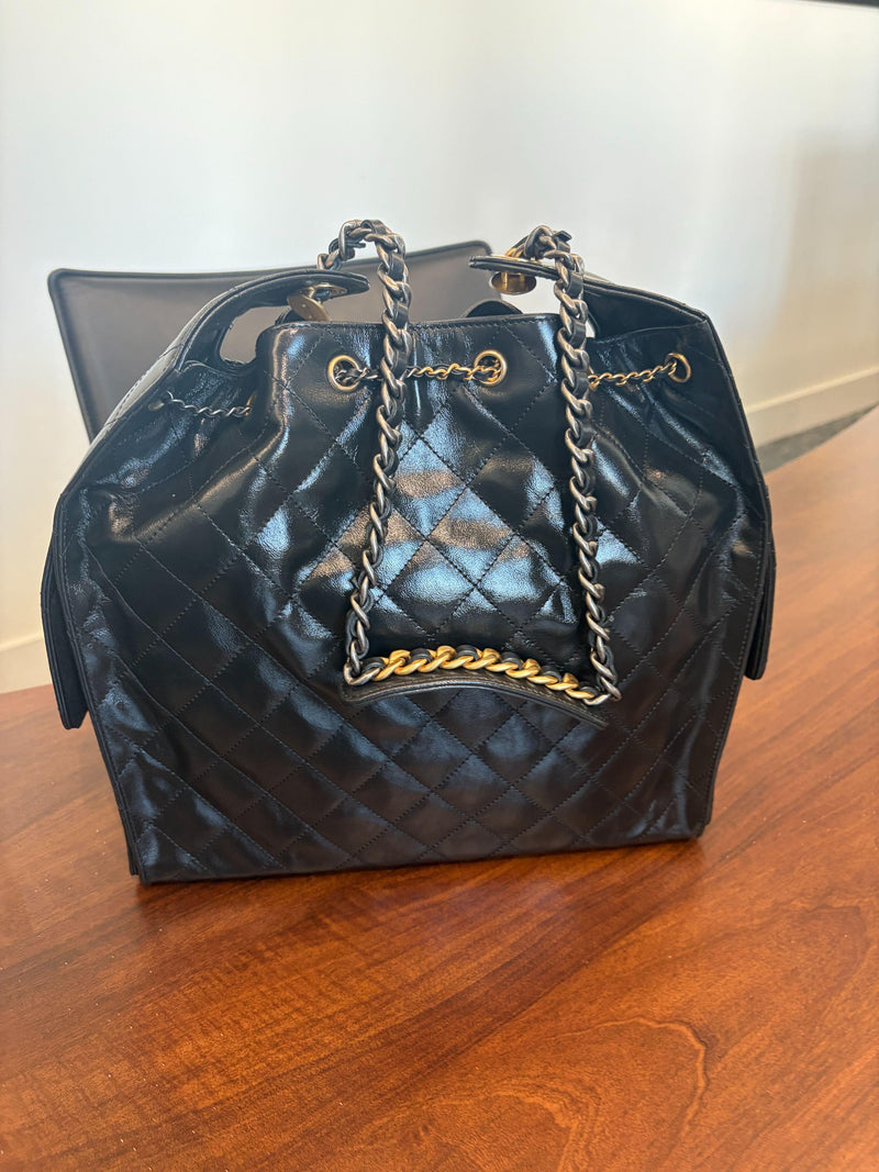 Chanel Current Season Medium Black Calf Leather Hobo With Receipt