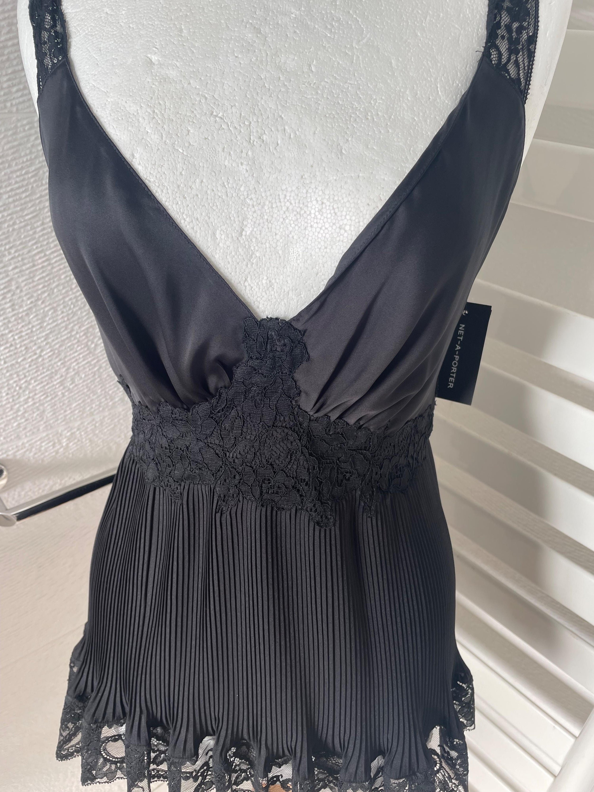 Plisse Black Crepe de Chine Lace Trimmed Top & Shorts Set