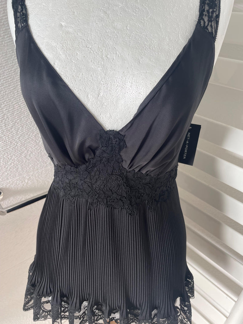 Plisse Black Crepe de Chine Lace Trimmed Top & Shorts Set
