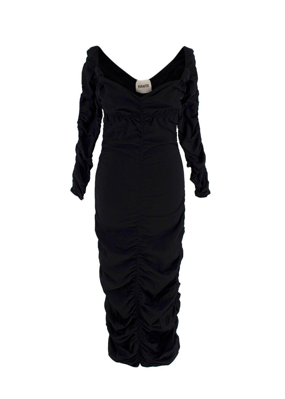 Khaite Black Ruched V-Neck Midi Dress