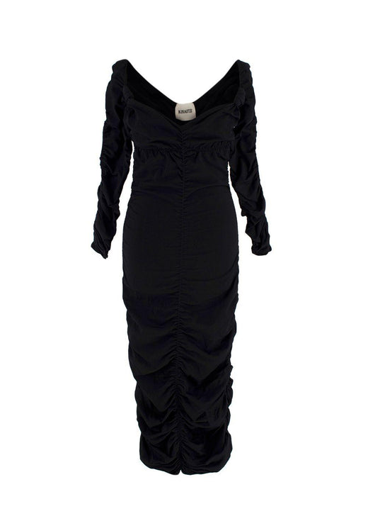 Khaite Black Ruched V-Neck Midi Dress