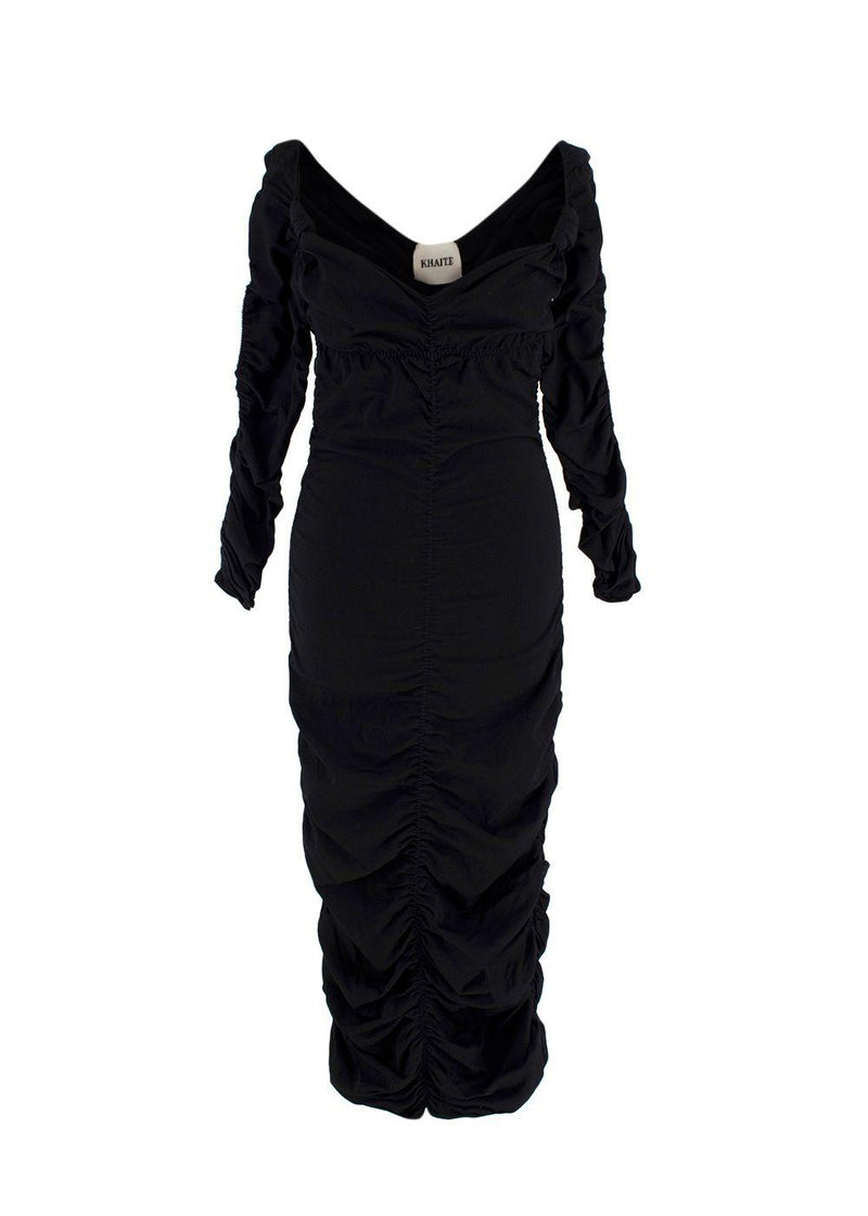 Khaite Black Ruched V-Neck Midi Dress