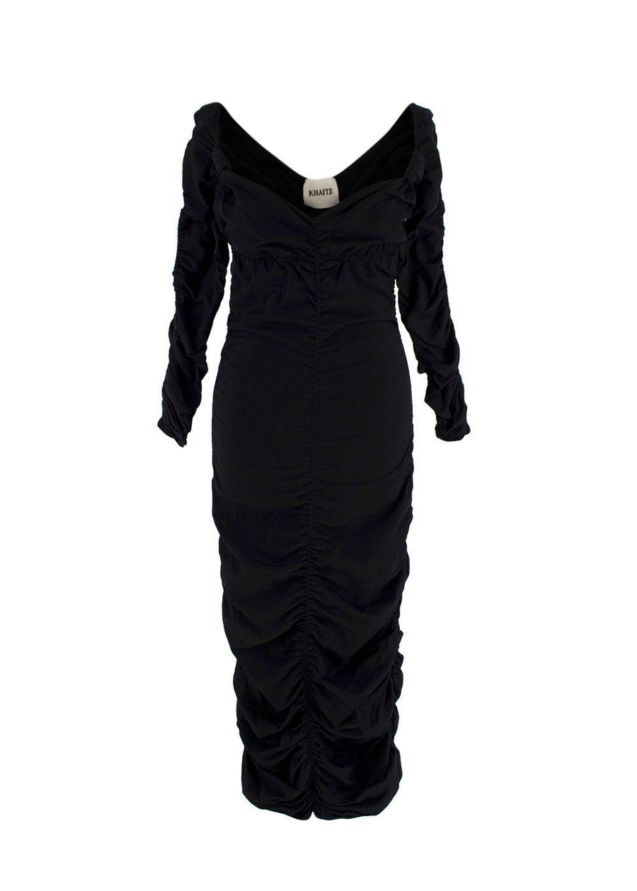 Khaite Black Ruched V-Neck Midi Dress