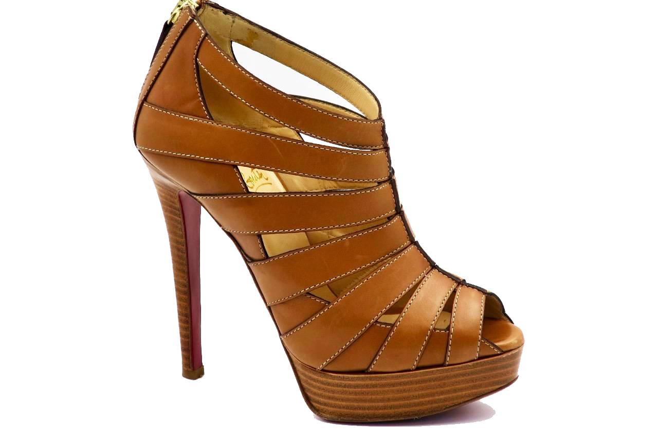 Christian Louboutin Brown Leather Peep-Toe Platform Cage Heels