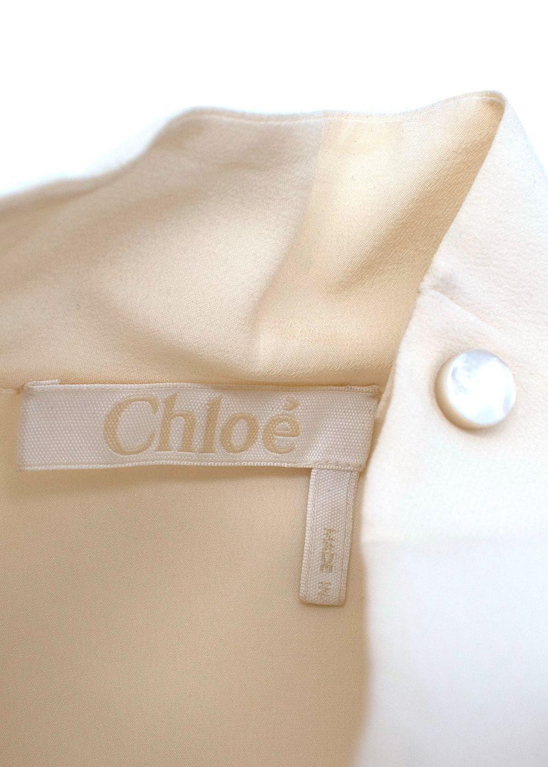 High Neck Shoulder Button Cream Silk Blouse