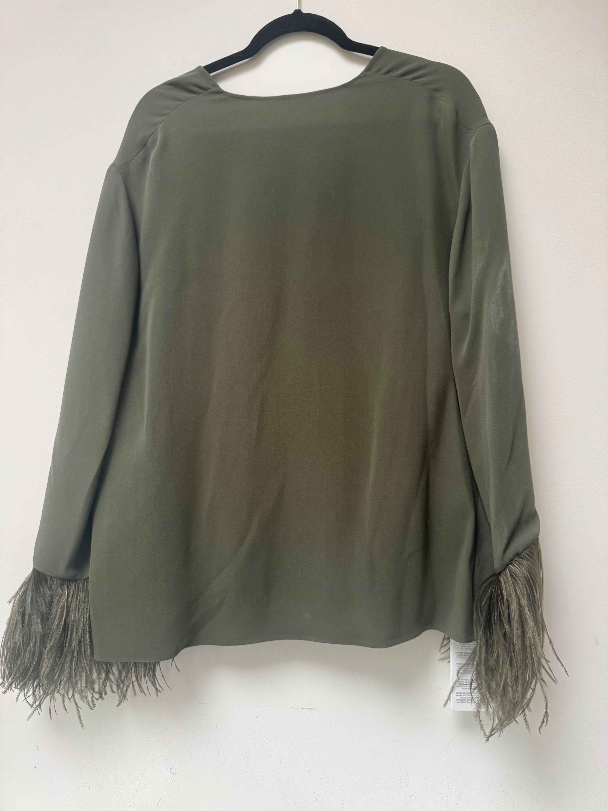 Valentino Khaki Silk Blouse with Feather Trim