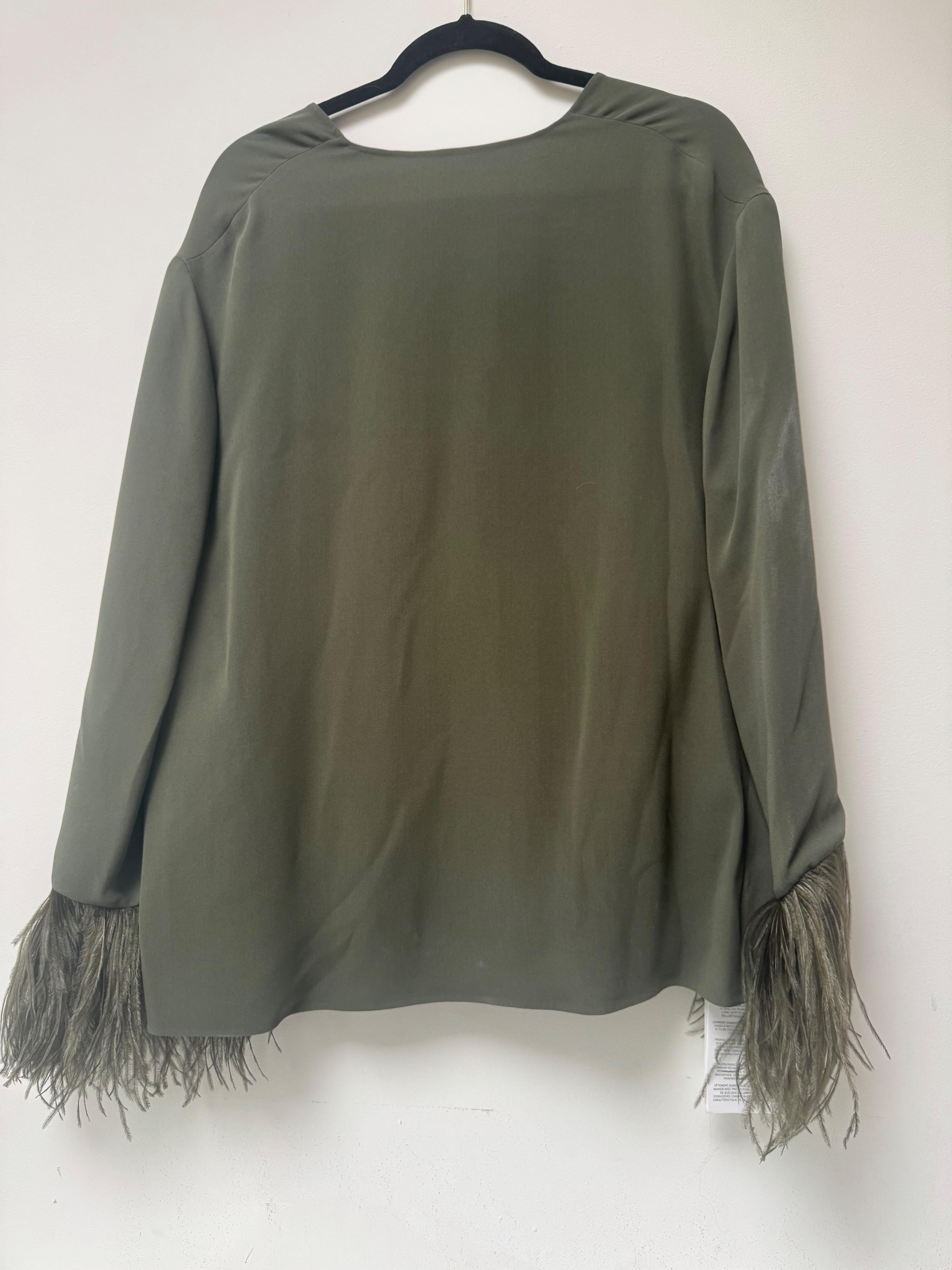 Valentino Khaki Silk Blouse with Feather Trim