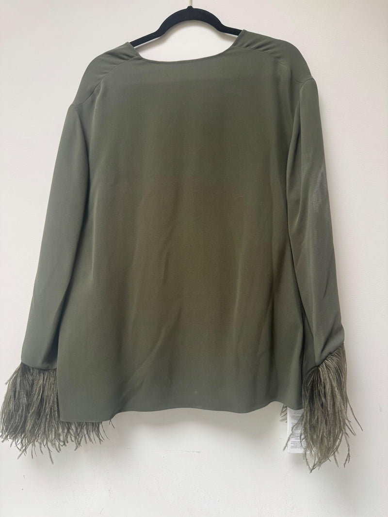 Valentino Khaki Silk Blouse with Feather Trim