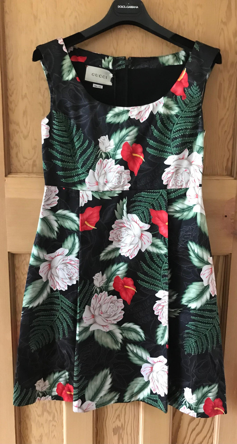 Hawaiin Printed Black Silk Sleeveless Dress