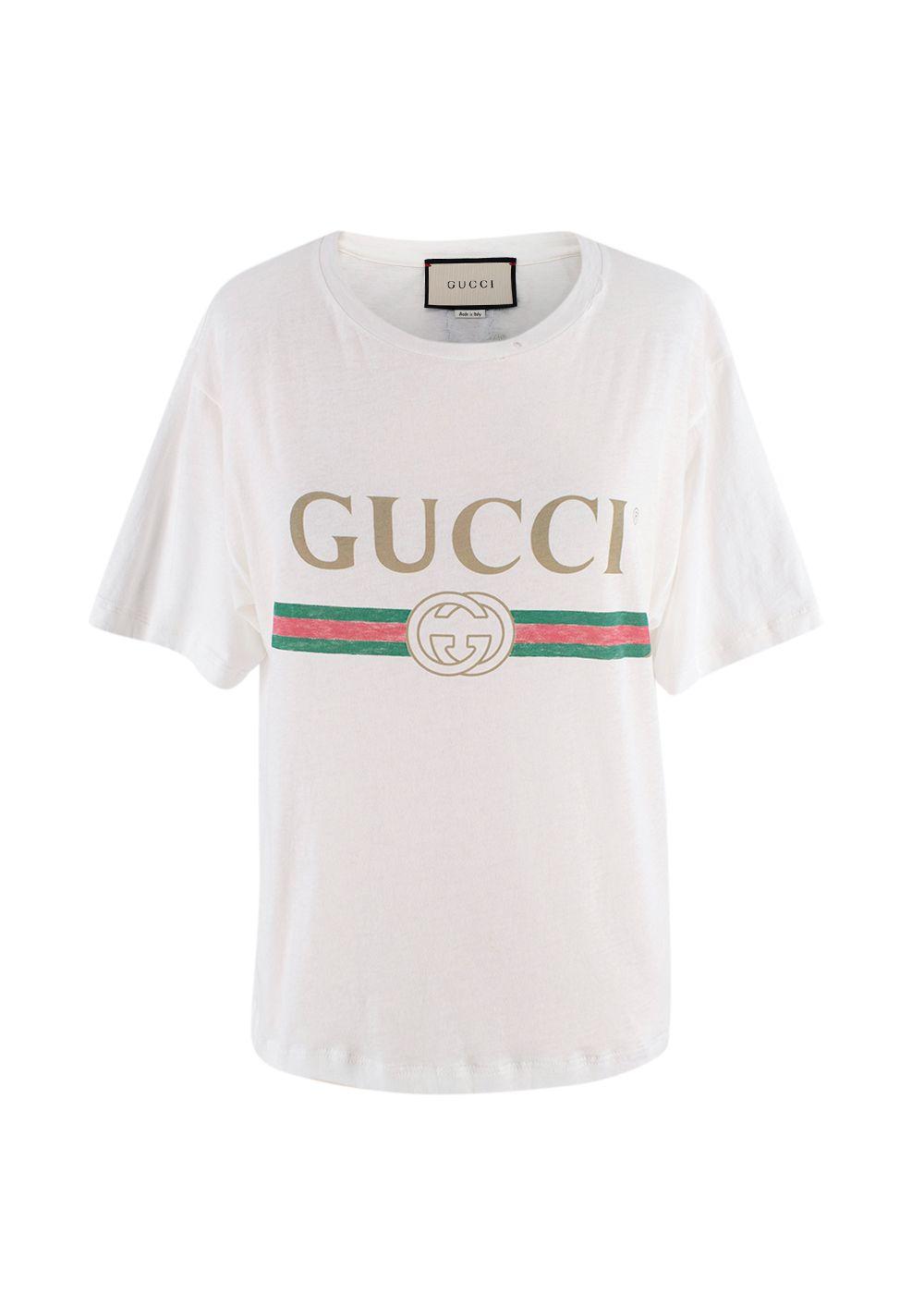 Gucci White Washed Logo Distressed Neckline  T-Shirt
