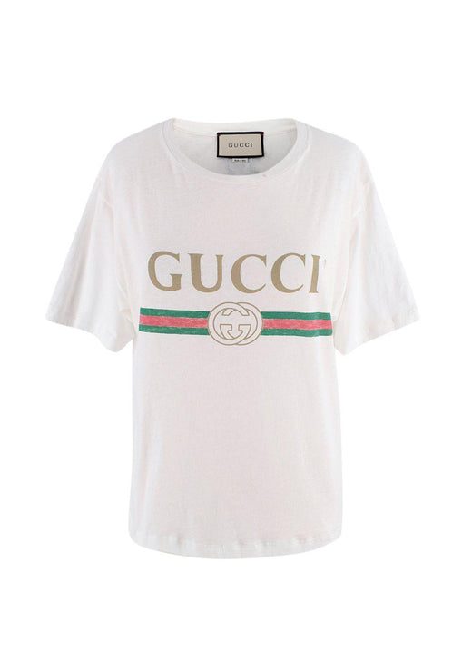 Gucci White Washed Logo Distressed Neckline  T-Shirt