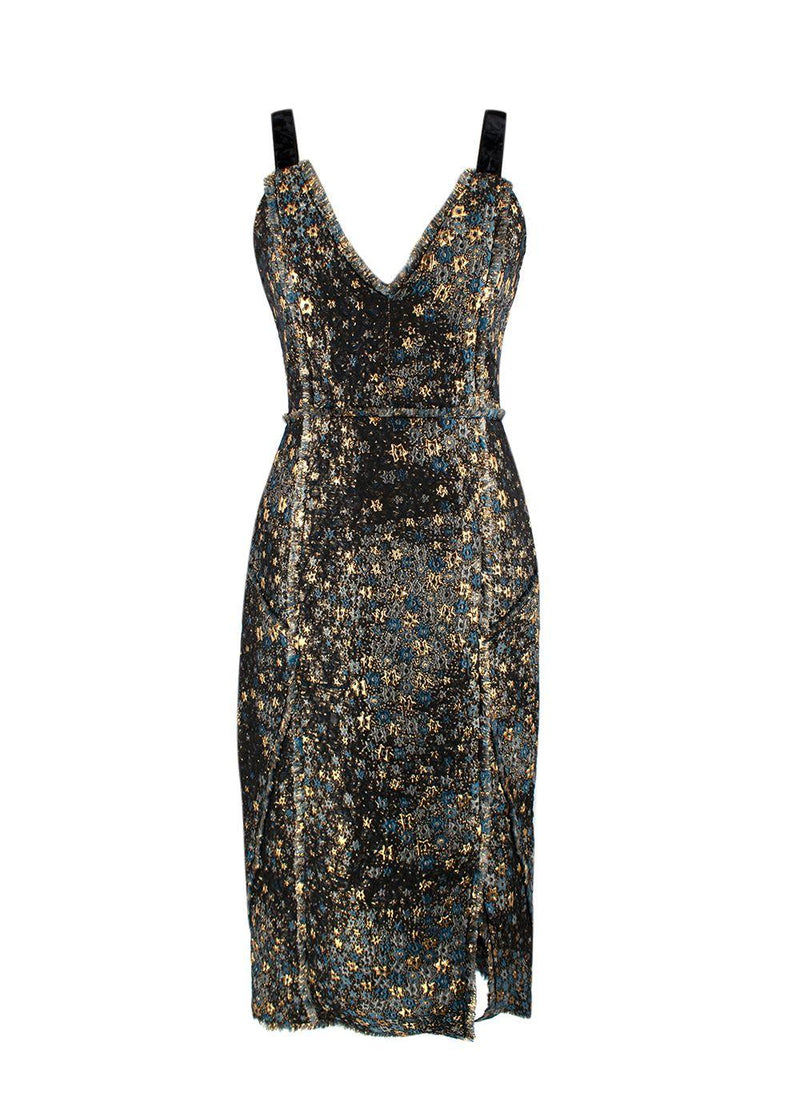 Erdem Teal and Gold Star Patterned Jacquard Dress