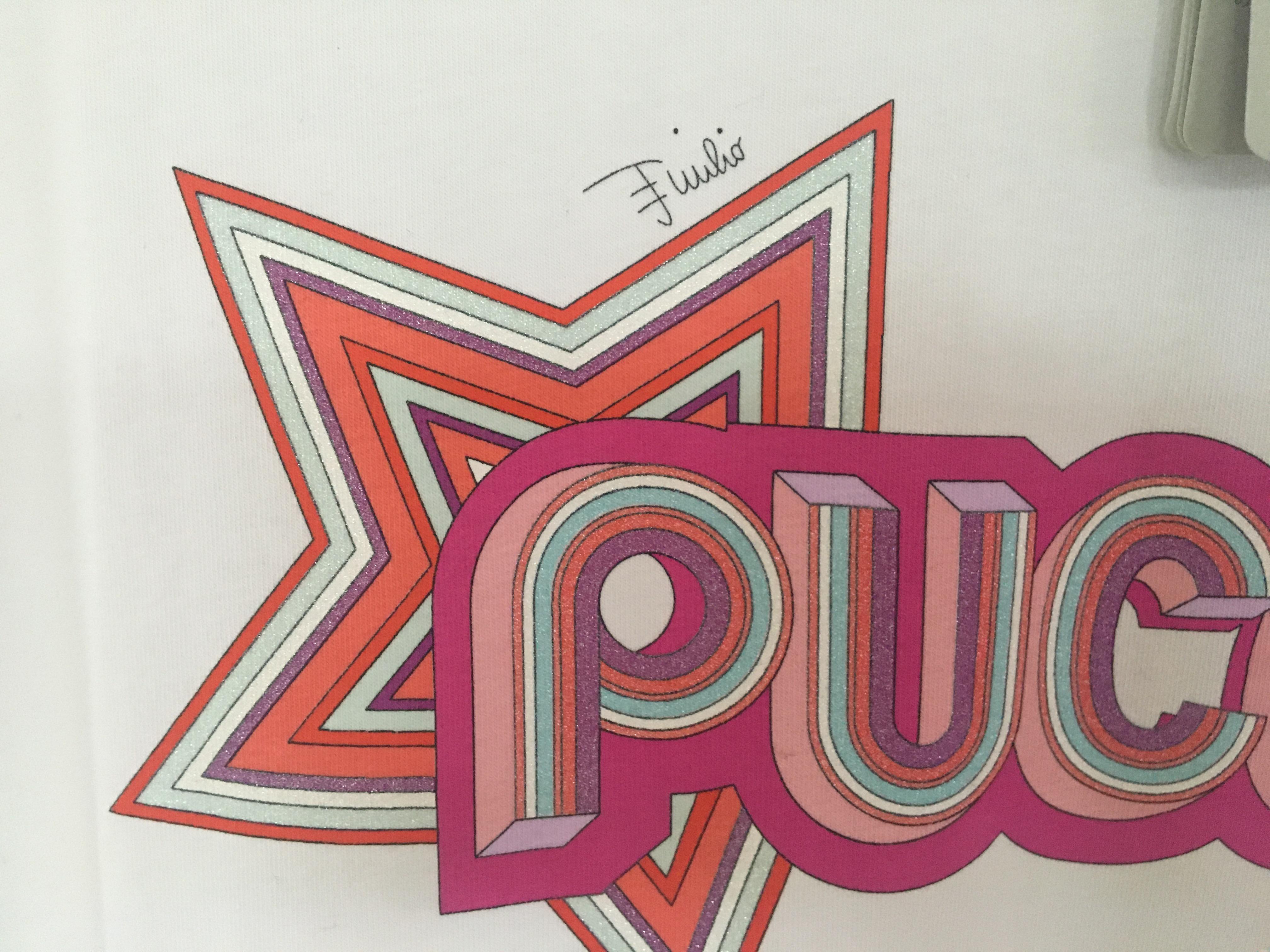 Emilio Pucci White Print Trim Glitter Logo Top
