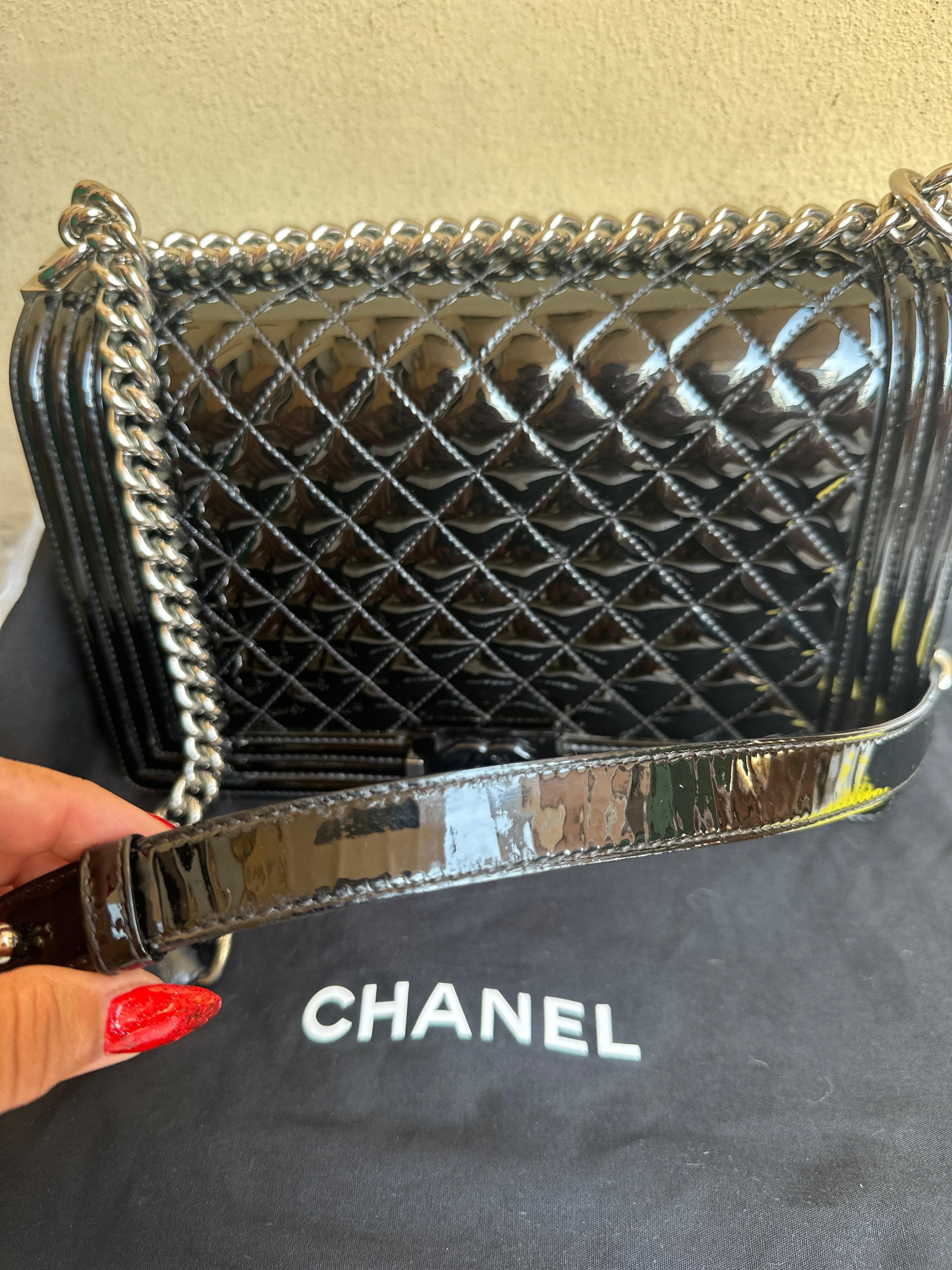 Chanel Black Patent Quilted Boy Bag