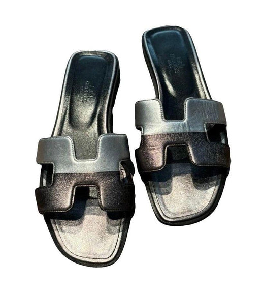 Hermes Black Leather Oran Sandals