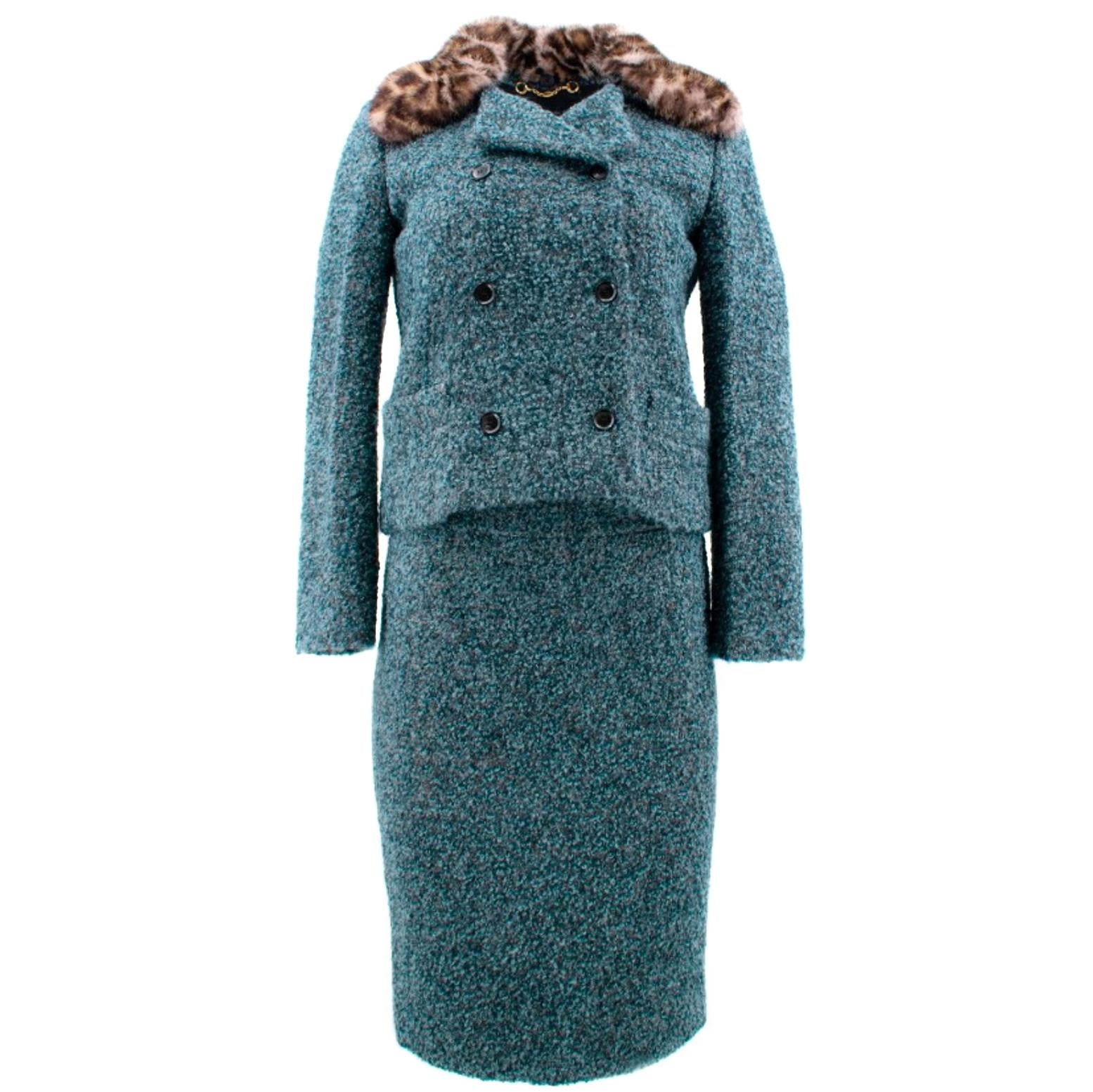 Gucci Green Alpaca & Wool Tweed Suit with Removable Mink Fur Collar