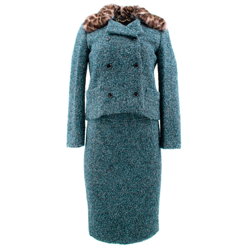 Gucci Green Alpaca & Wool Tweed Suit with Removable Mink Fur Collar