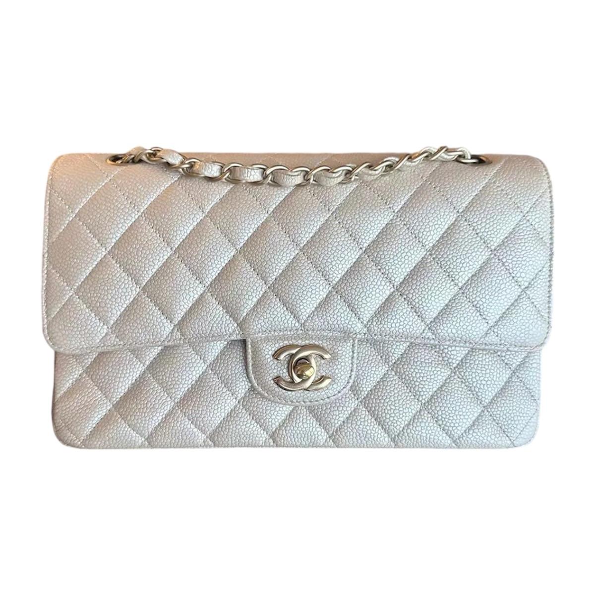 Iridescent Beige Medium  Quilted Caviar Grained Calfskin Double Flap Bag