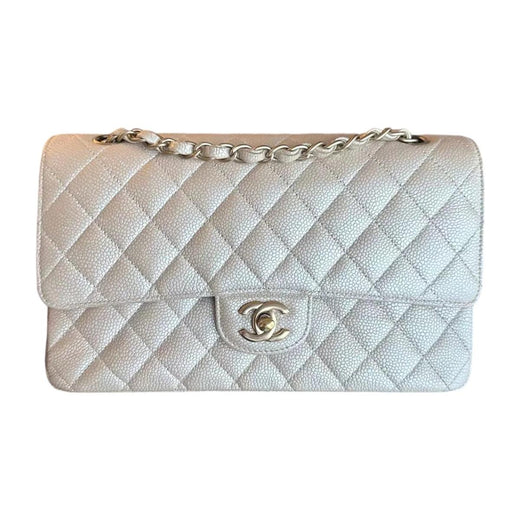 Iridescent Beige Medium  Quilted Caviar Grained Calfskin Double Flap Bag